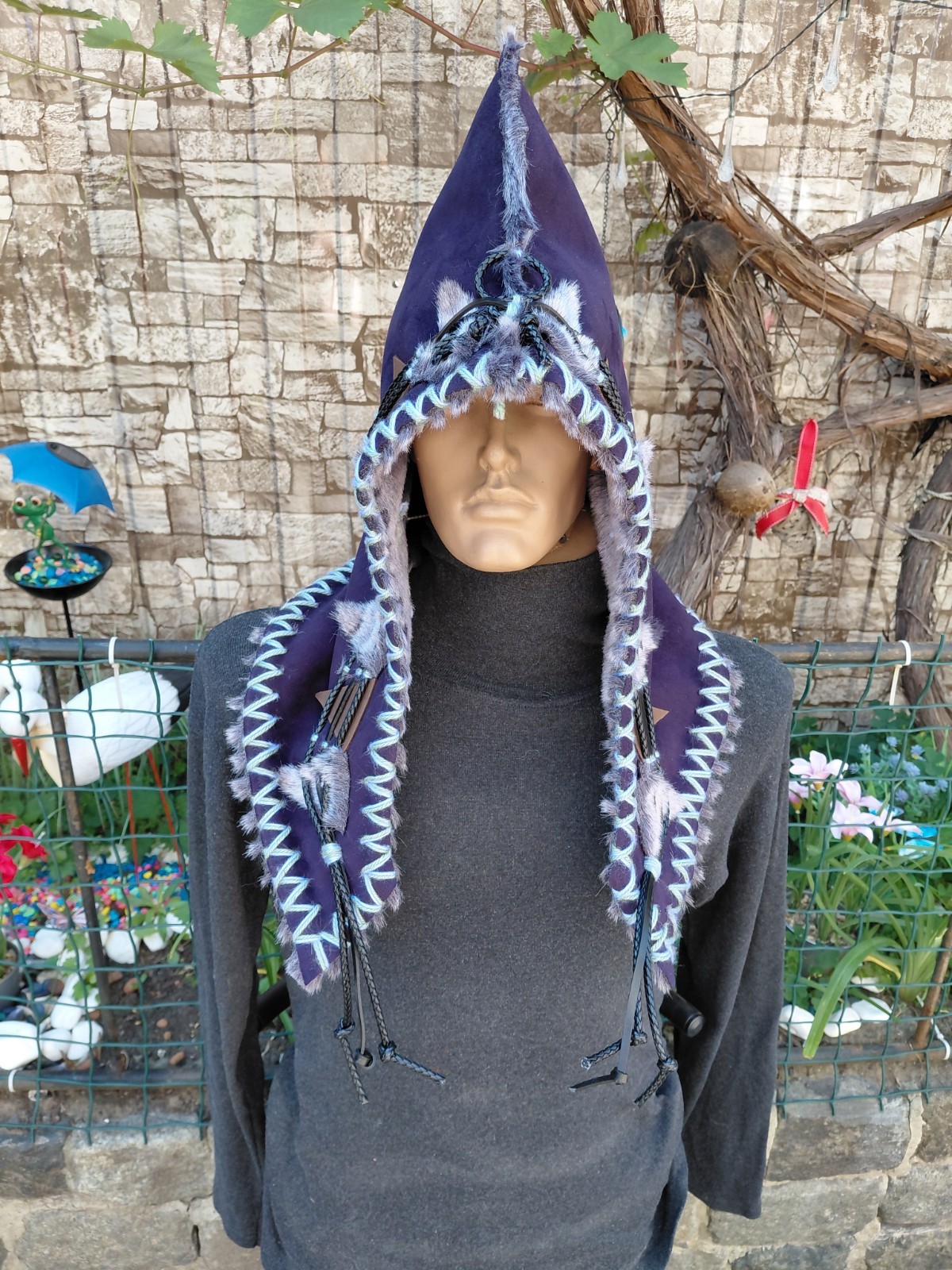 Scythian-Slavic Style Winter Hat Handmade Casual Cap, Unisex S58-59 Blue #5