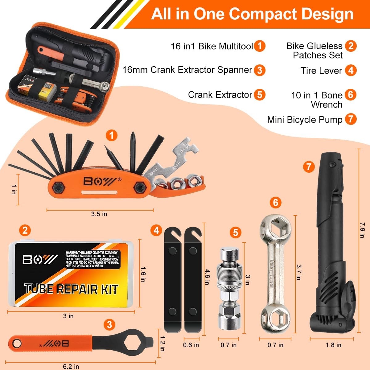NEW Boy 8014 Bike Repair Set With Pump Kit Tool Bag 16 in 1 NIB New In Box