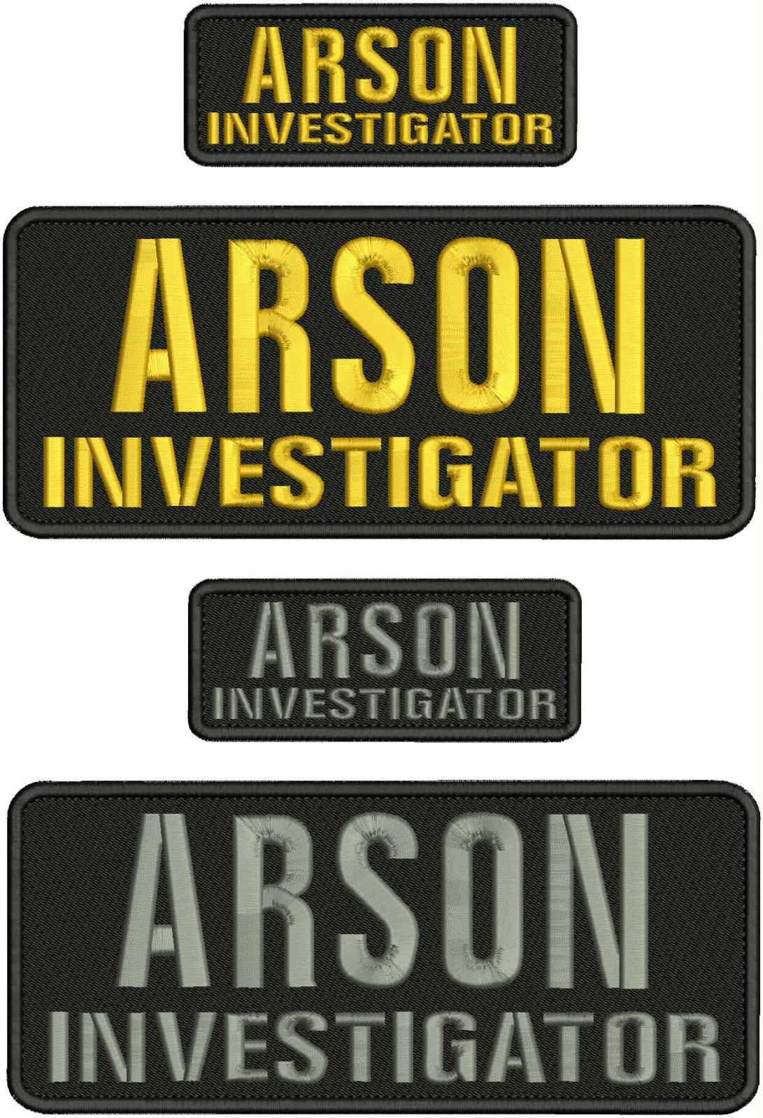 ARSON investigator 4 EMB PATCH 4X10 AND 2X5 HOOK ON BACK  GOLD/gray on blk