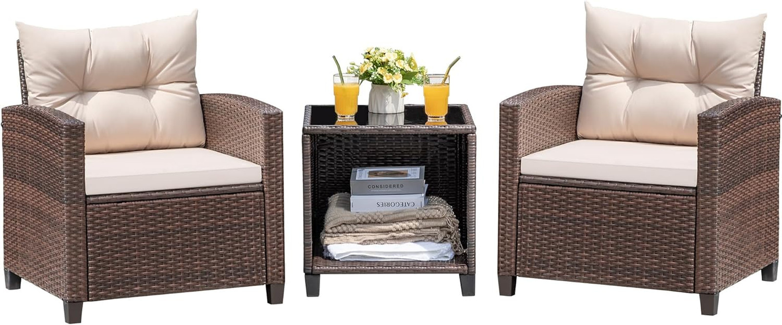 3 Pieces Patio Furniture Set, PE Rattan Wicker Patio Set with Two Outdoor Chairs