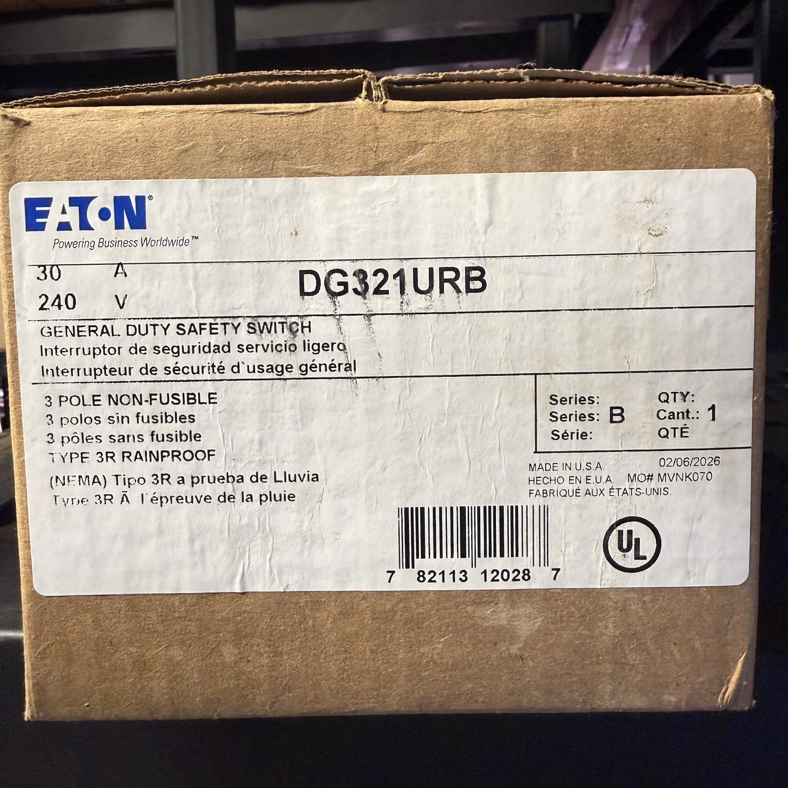 NIB DG321URB Eaton 3 Pole 30A 240v Non Fusible Disconnect NEMA 3R Safety Switch