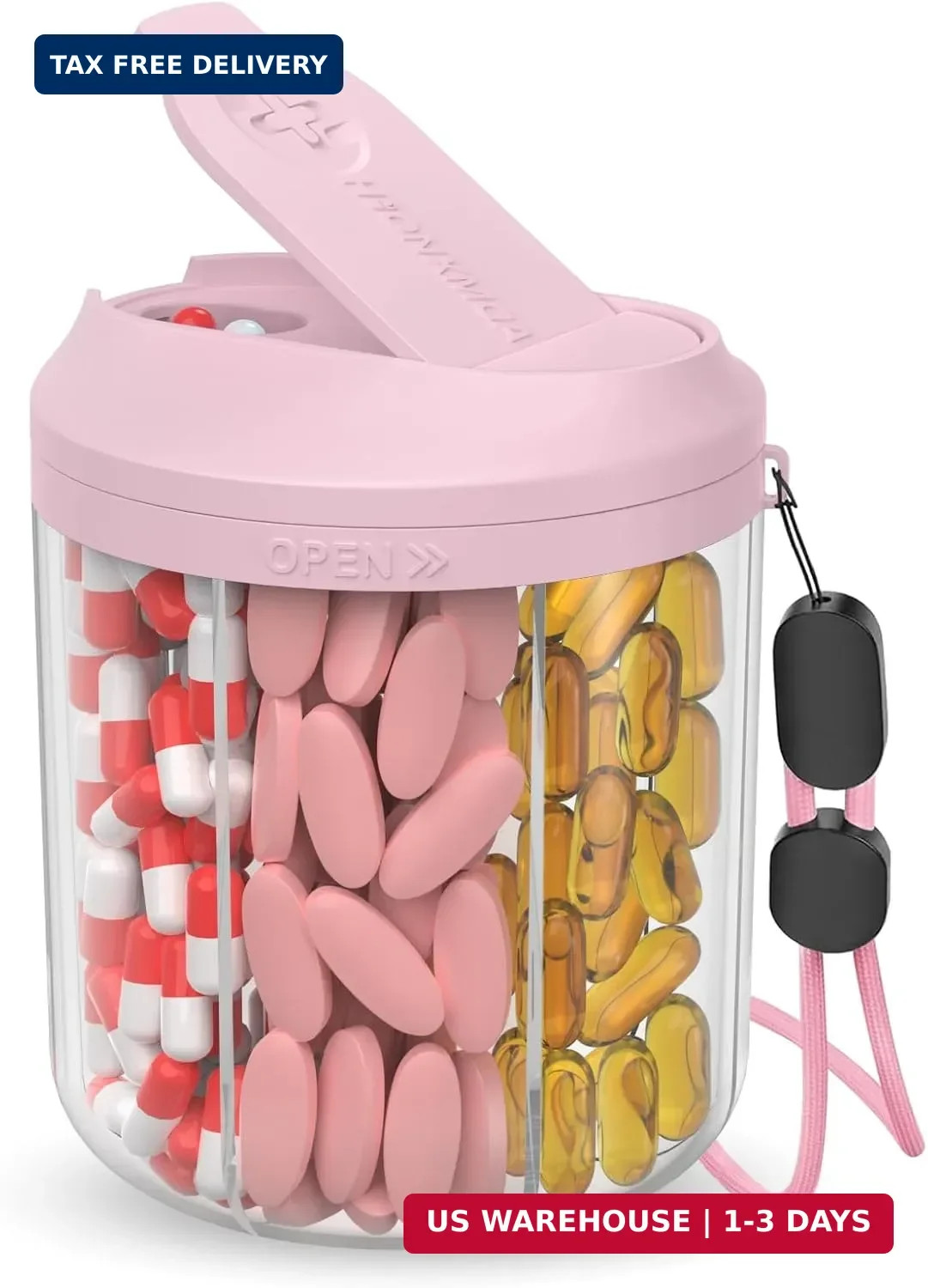 Hionxmga Pill Dispenser with 7 Large Compartments, Pill Organizer for Travel wit