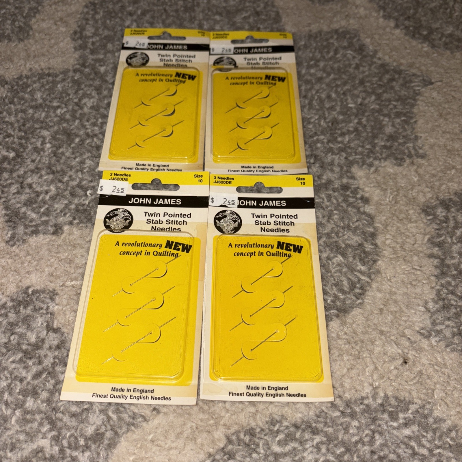 Lot of 4 New Packages Vintage John James Twin Pointed Stab Stitch Needles Size10