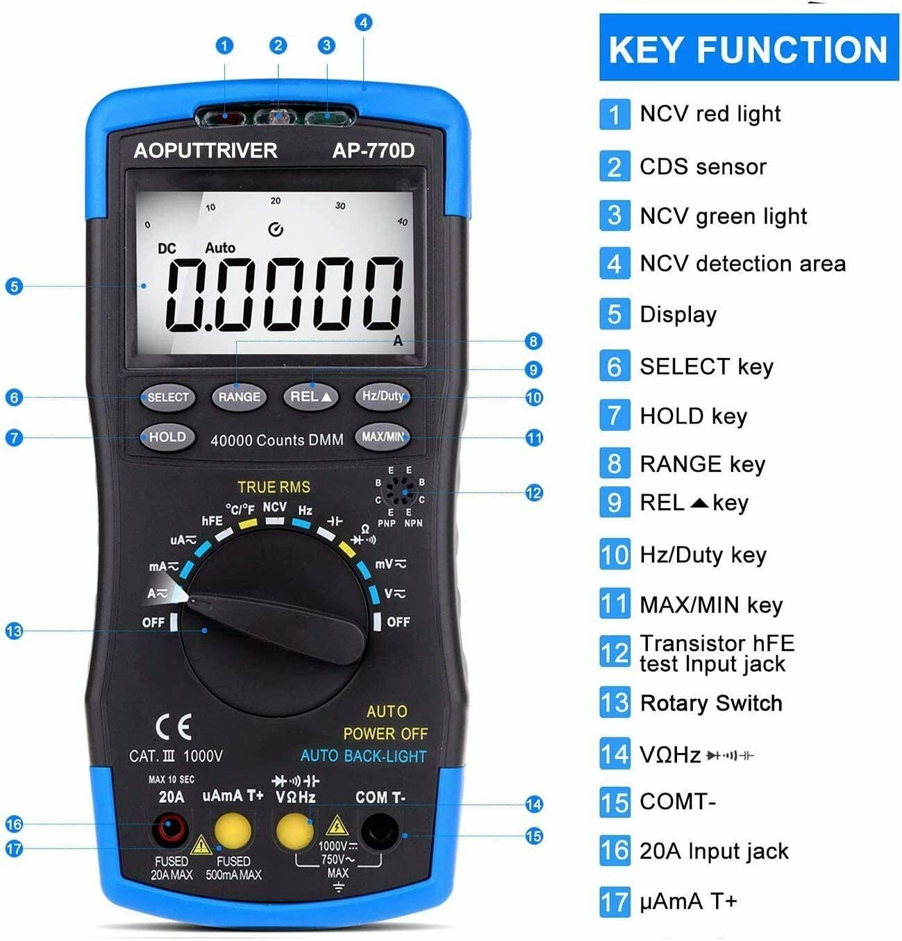 770D Multimeter 40000 Count TRMS AC DC Volt Apm Meter NCV hFE Continuity Test