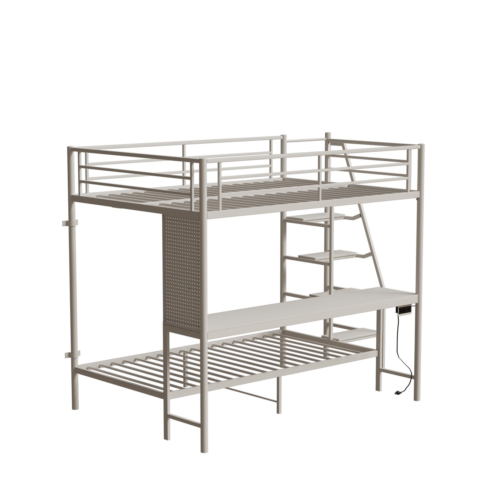 Modern Metal Bunk Bed Full Size White Bed Frame w/LED light and Charging Socket