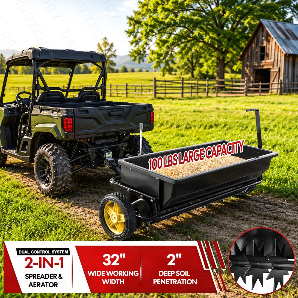 Heavy Duty 32 Inch Tow Behind Lawn Spreader w/Aeration Spikes 100 LBS Capacity