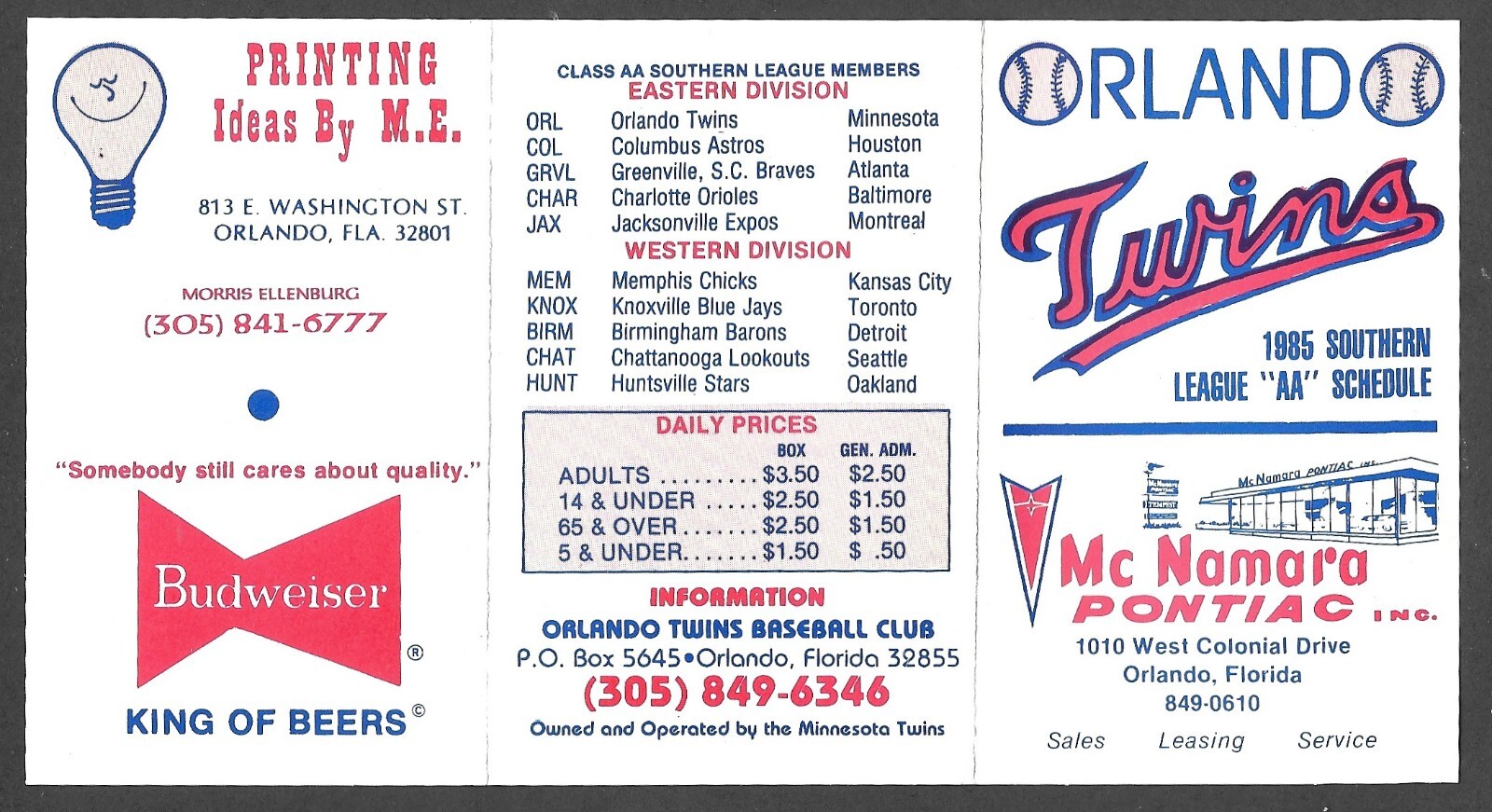 1985 ORLANDO TWINS  (Minors)  Budweiser  Regular Season POCKET SCHEDULE  NM-MINT