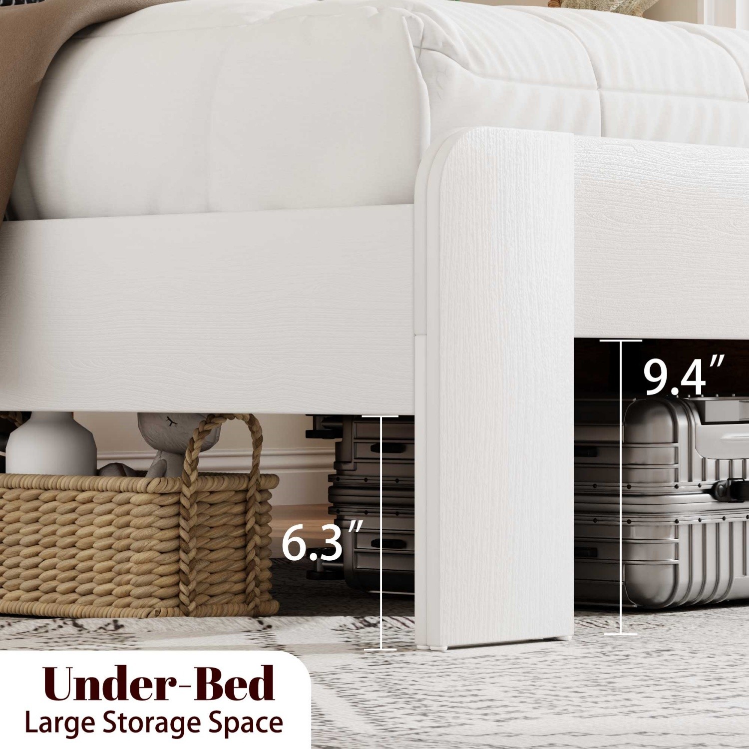 Queen King Size Platform Bed w/ Storage Headboard & LED Light & USB Ports White
