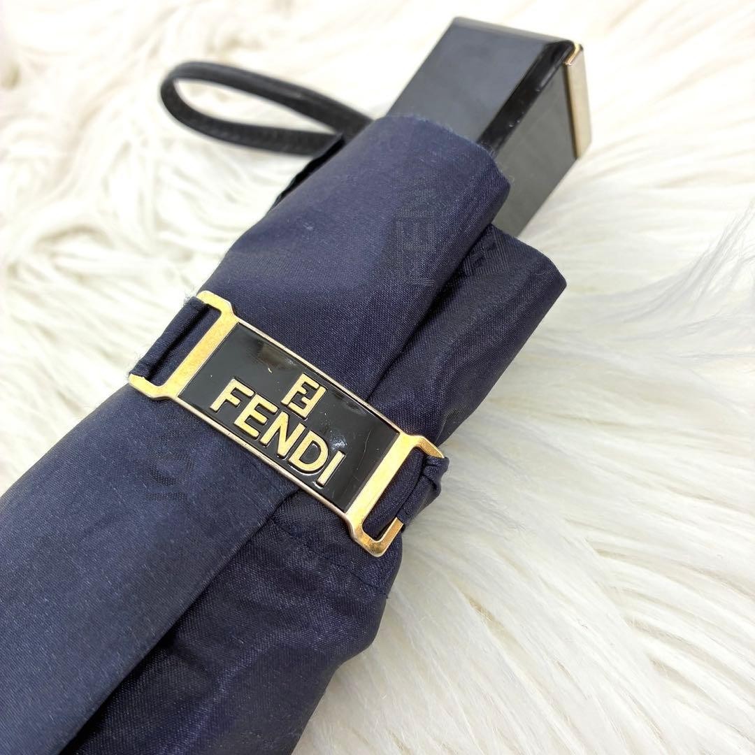 FENDI Zucca Pattern Folding Umbrella Navy Blue Compact Portable Polyester