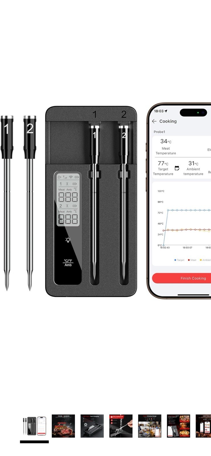 Smart Wireless Meat Thermometer with Dual Probes, Bluetooth & WiFi Combo, Hig...