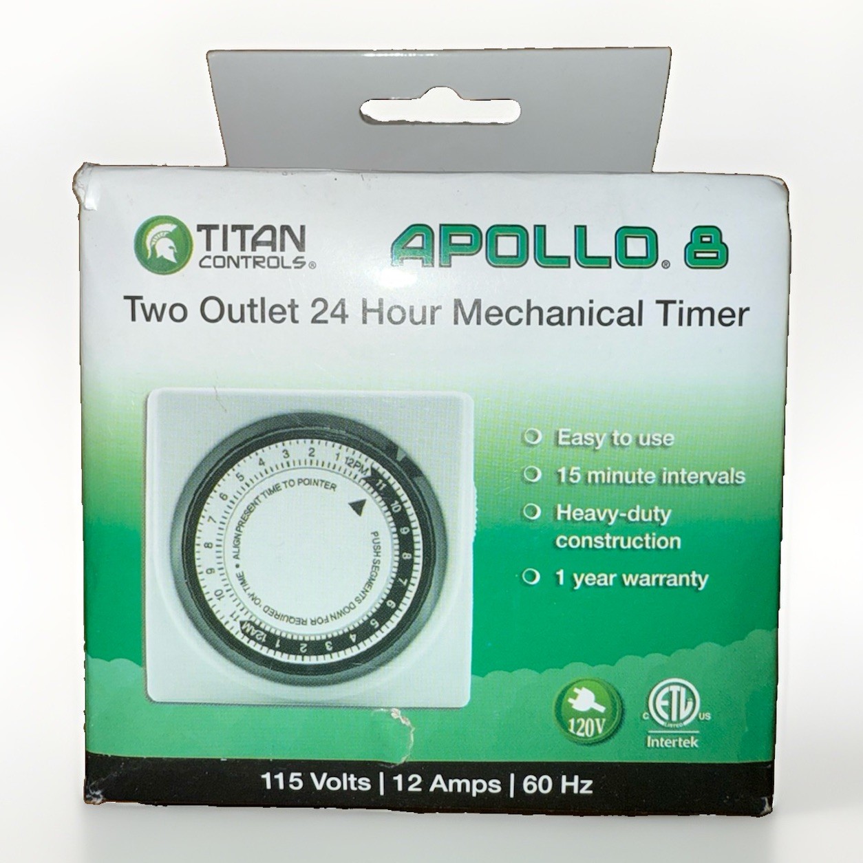 Titan Controls Apollo 8 Two Outlet 24 hour Mechanical Timer 115 Volts / 12 Amps