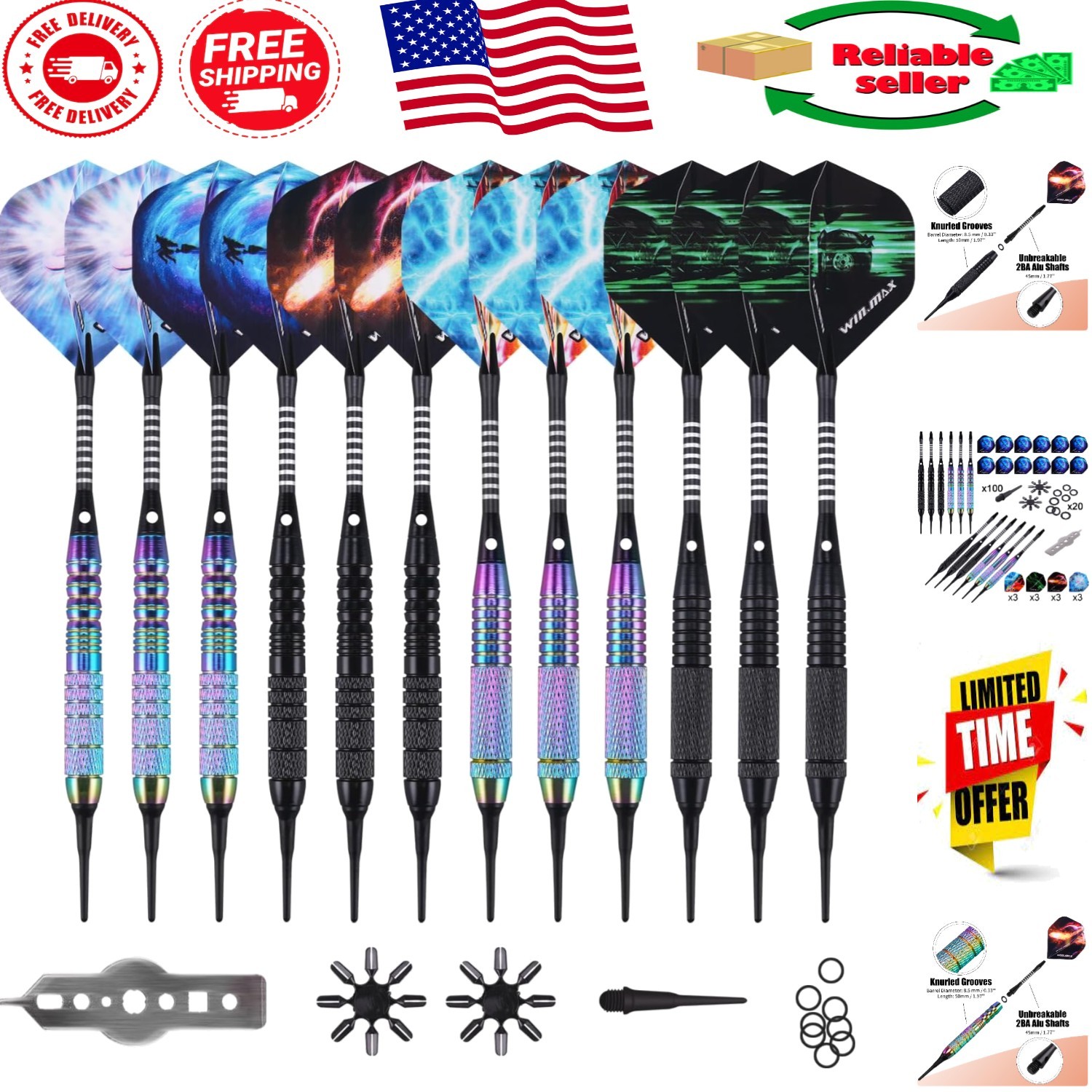 Professional Soft Tip Dart Set - 12 Darts, 24 Unique Flights, 100 Tips Included