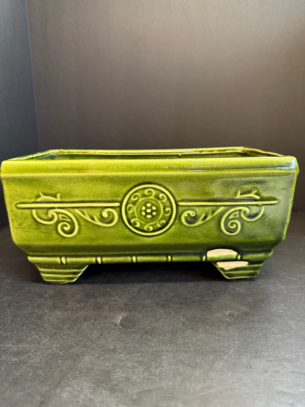 Vintage Green Ceramic Planter Mid Century Scroll Design Footed Plant Pot 9”