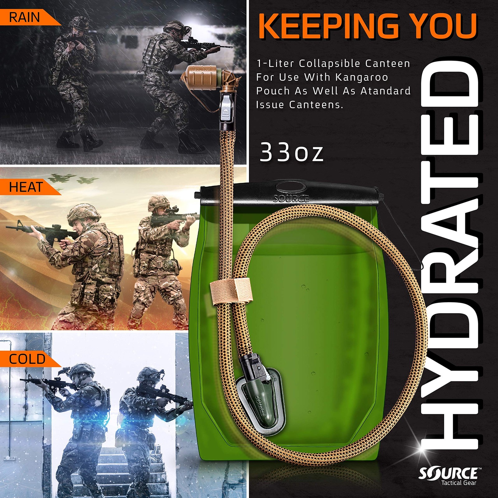 Source Tactical Kangaroo 1L Collapsible Widepac Hydration Bladder - High-Flow...