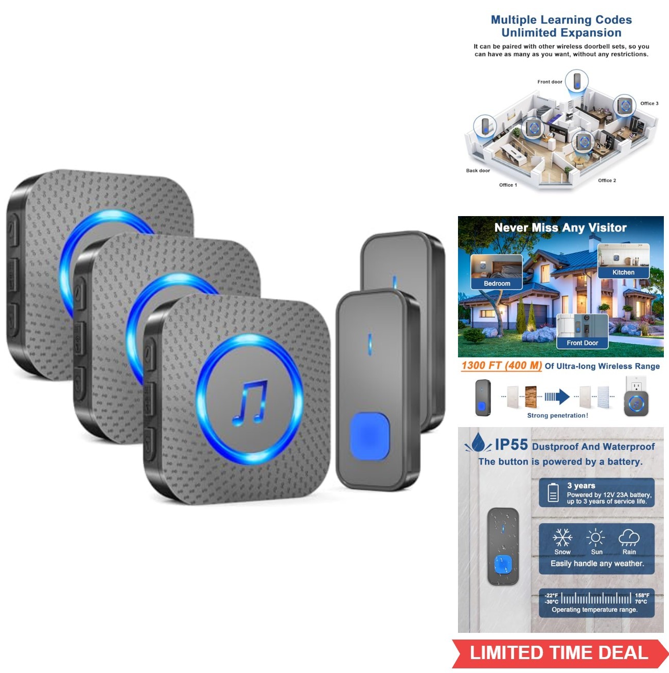 Wireless Doorbell Kit 3 Receivers 2 Buttons 1300 FT Range 55 Chimes Adjustable