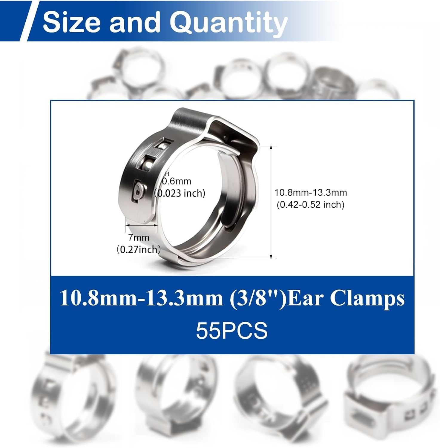55Pcs Single Ear Hose Clamps 10.8mm-13.3mm 3/8" 304 Stainless Steel Hose Crim...