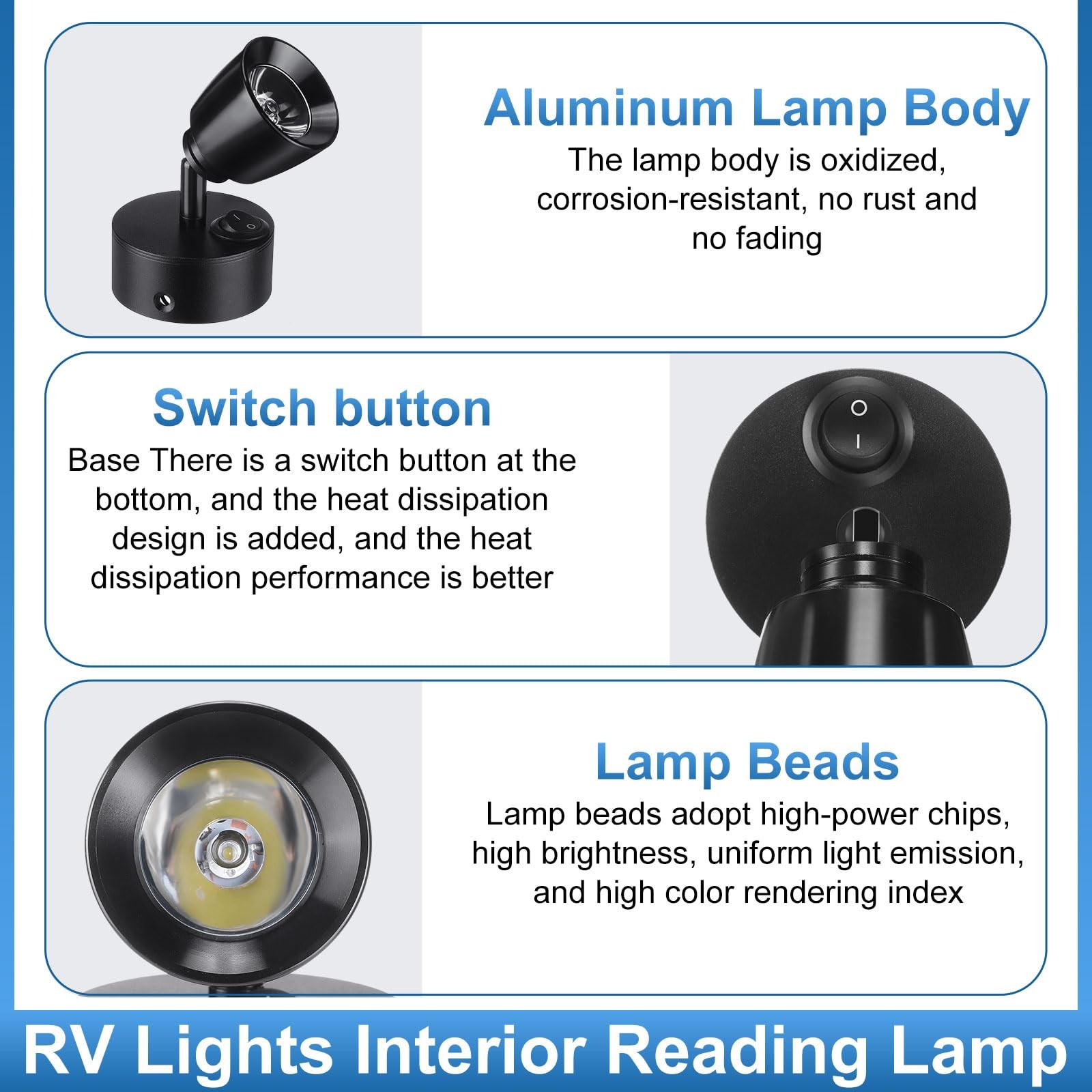VIHOSE 4 Pieces DC12V- 24V RV Lights Interior Black, White Light 6000K