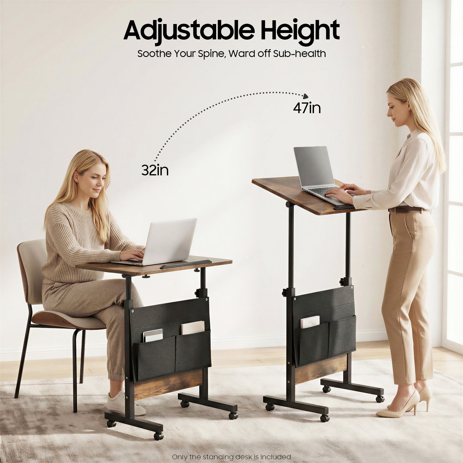 Adjustable Desk 90° Tilt & 81-119cm Height, Rolling Writing Desk W/ Storage Bag