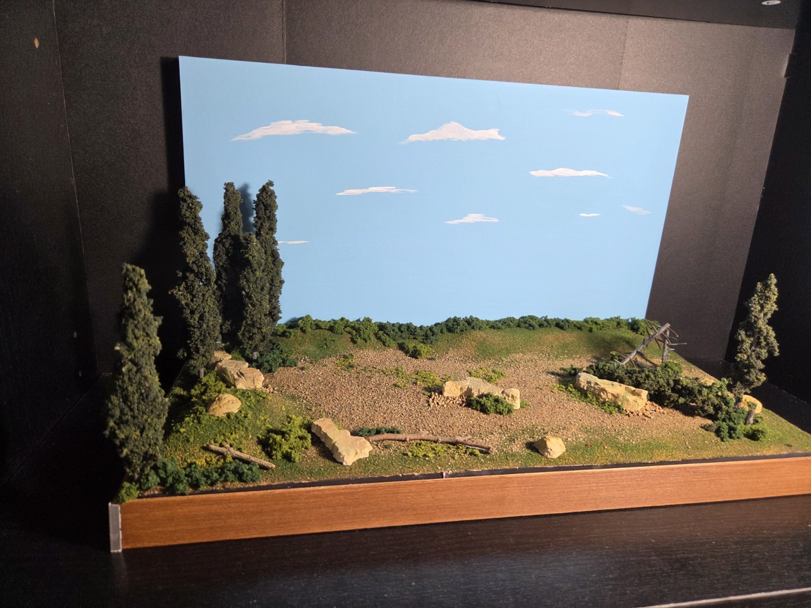 Handmade Miniature Terrain Diorama Display Base w/ Trees, Rocks & Sky Backdrop