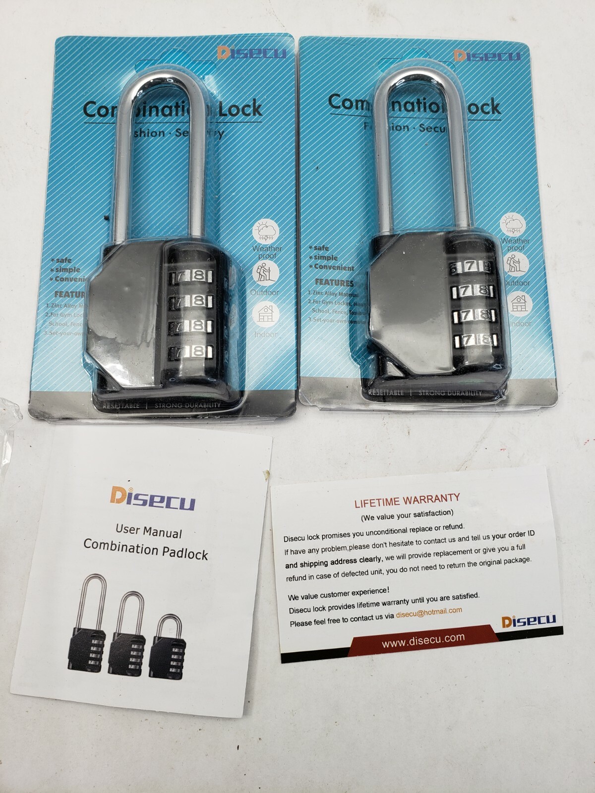 LOT OF 2 Disecu 4 Digit Combination Lock 2.7 In Long Shackle Outdoor Waterproof