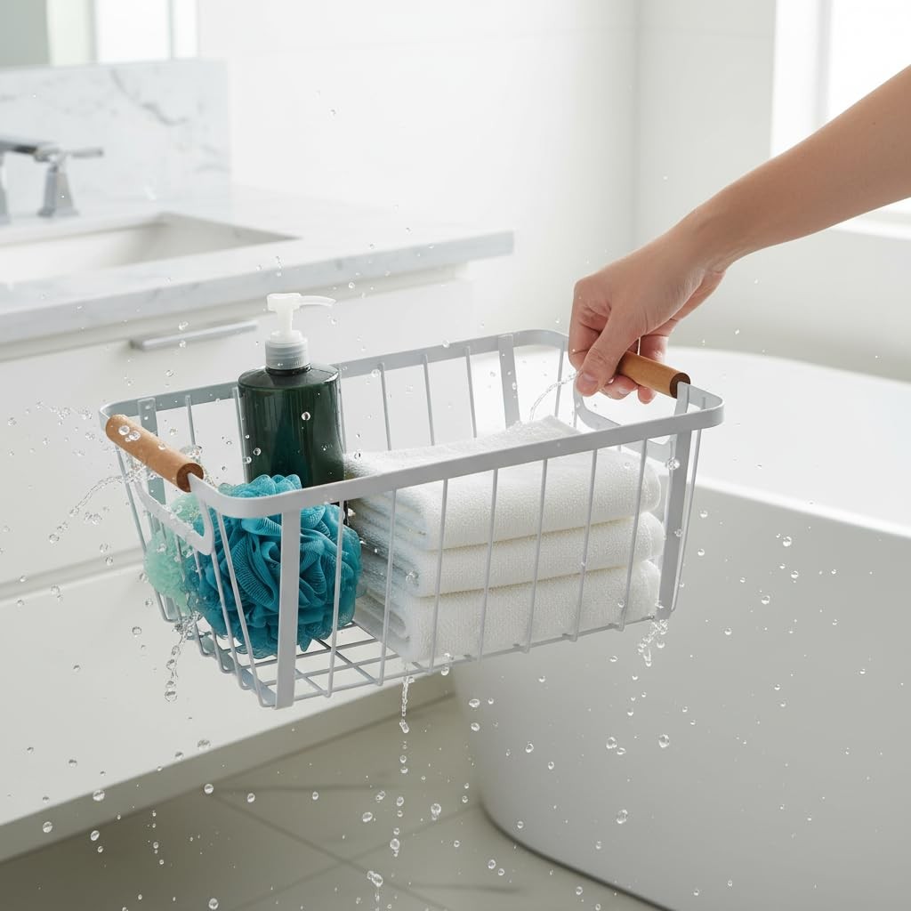 White wire baskets for organizing with Wooden Handle ,Metal Wire Storage Bask...