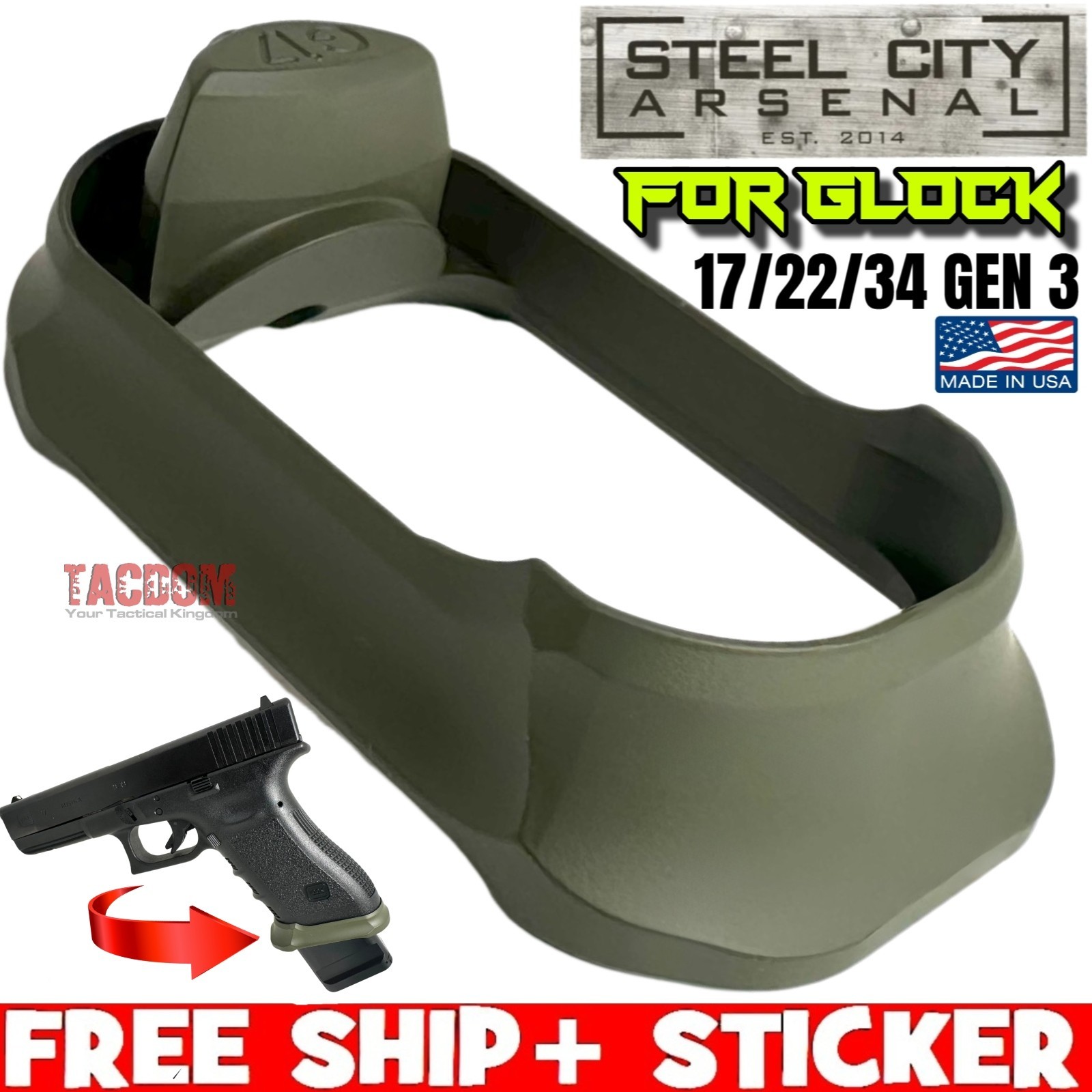 STEEL CITY ENHANCED MAGWELL for GLOCK 17 22 34 GEN 3 OD GREEN  7075 Billet Alumn