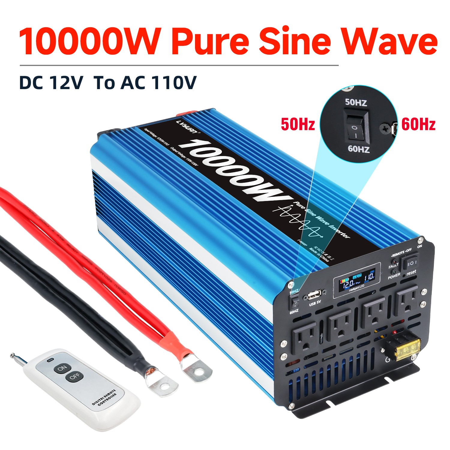 5000W/10000W 12V to 120V Pure Sine Wave Power Inverter 4AC Remote Control Blue