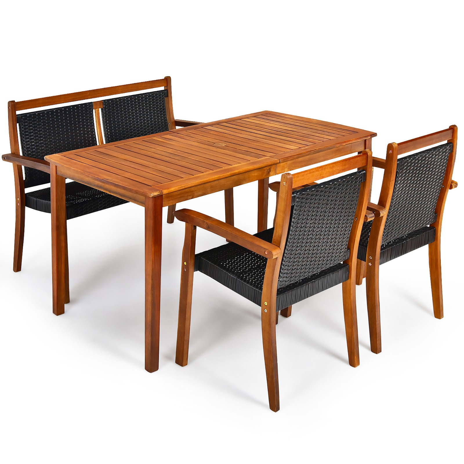 4PCS Patio Dining Set Acacia Wood  Rattan Furniture Set w/ Umbrella Hole