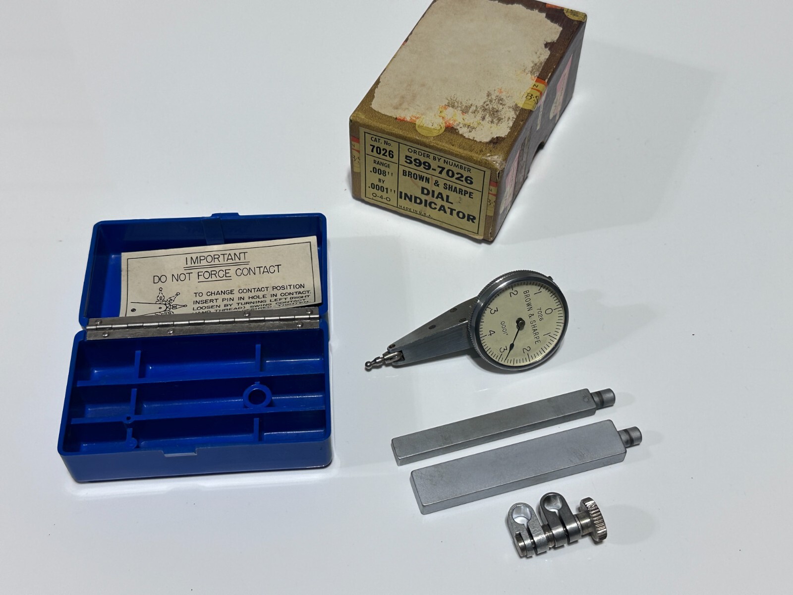 NOS Brown & Sharpe (B&S) 599-7026 Dial Test Indicator Set, Range .008” by .0001”