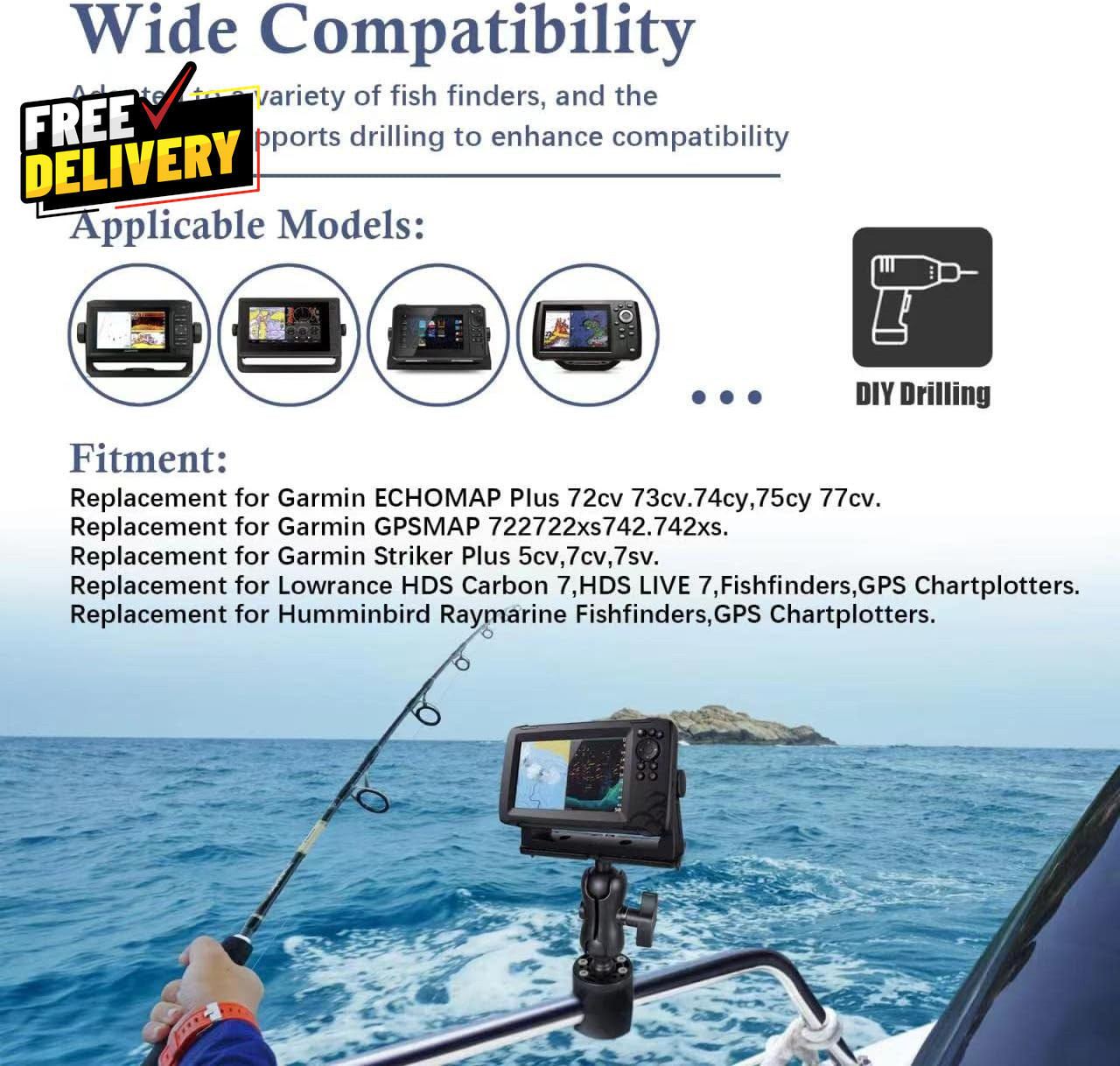 Fish Finder Mount Base Universal 360° Rotation Ball-Mount Fish Finder Bracket...