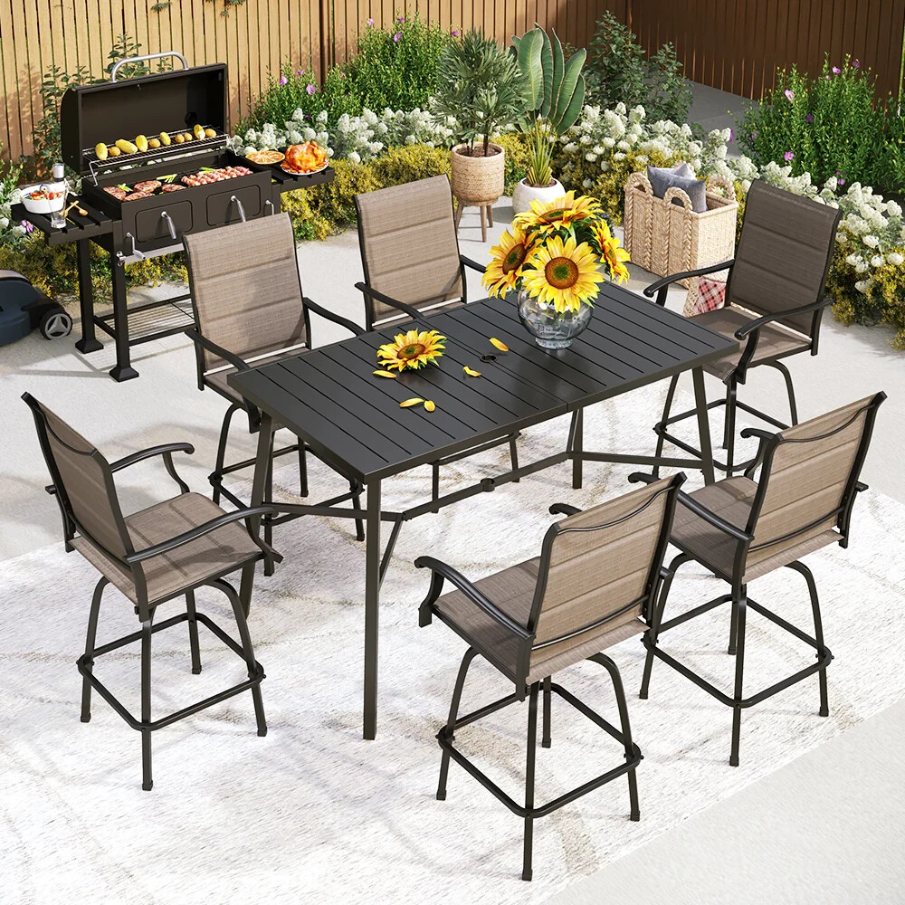 7-Piece Patio Furniture Set Outdoor Bar Stool Set Dining Table & Swivel Chairs