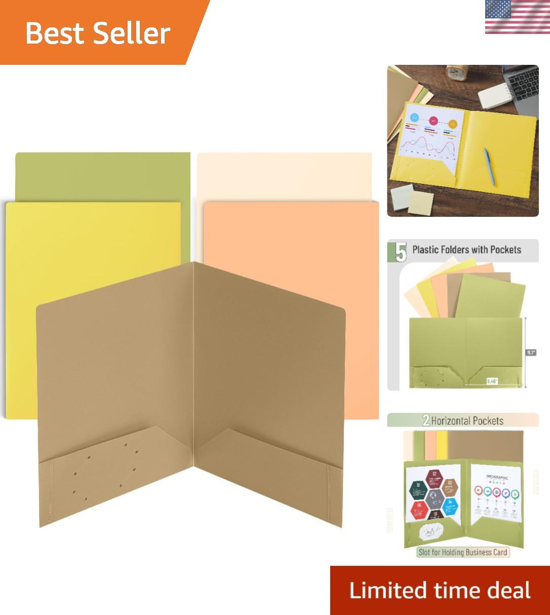 5-Pack Water-Resistant Plastic Folders | 2-Pocket Aesthetic Organizer