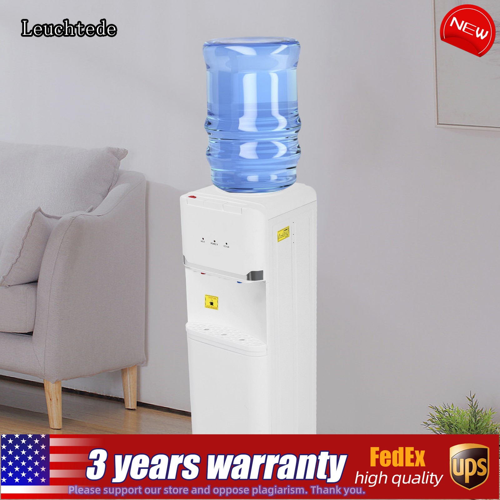 Hot&Cold&Warm Water Cooler Top Loading Water Dispenser – White, Holds 5 Gallon