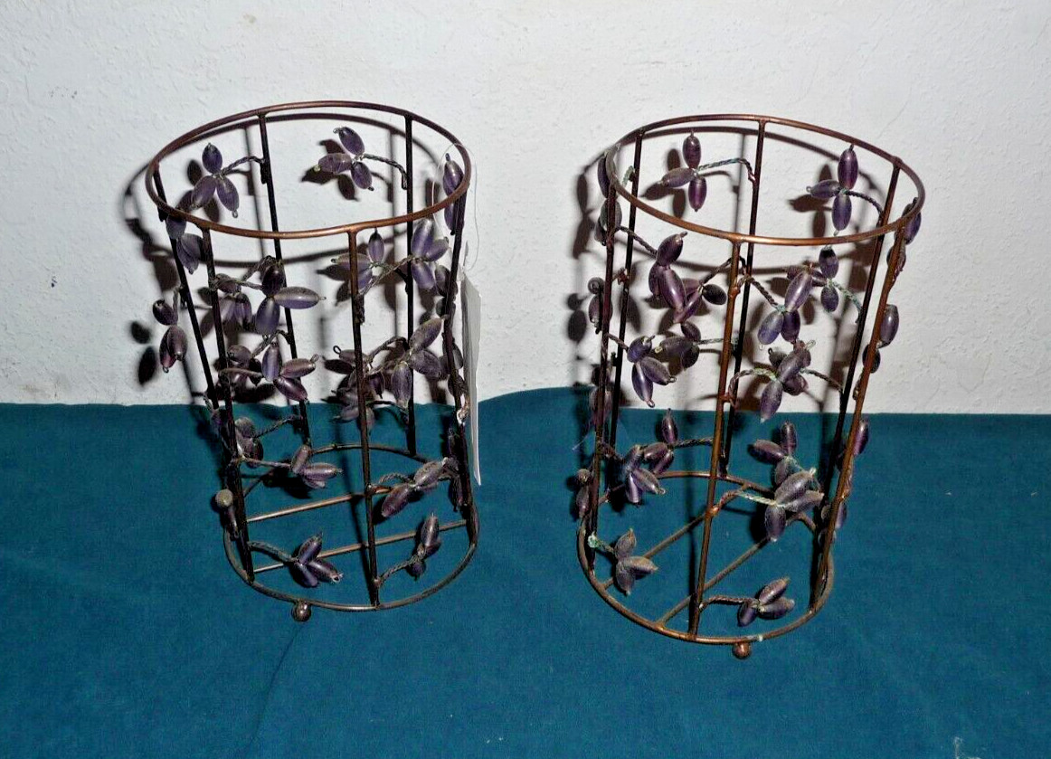 Set of 2 Shastra Brass Metal Purple Daisy Beaded Round Hurrican/Vase NEW
