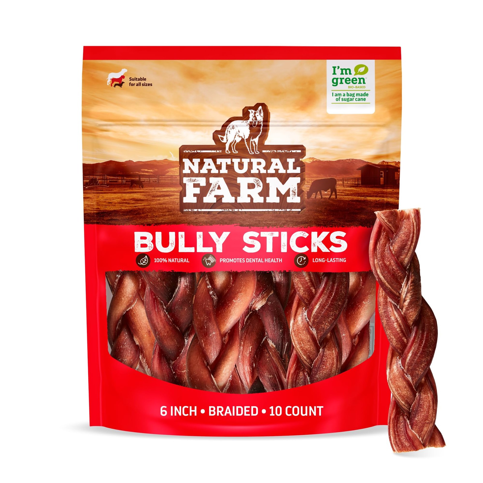 Natural Farm Odor-Free Braided Bully Sticks (6 Inch, 10 Pack) 6 10-Pack