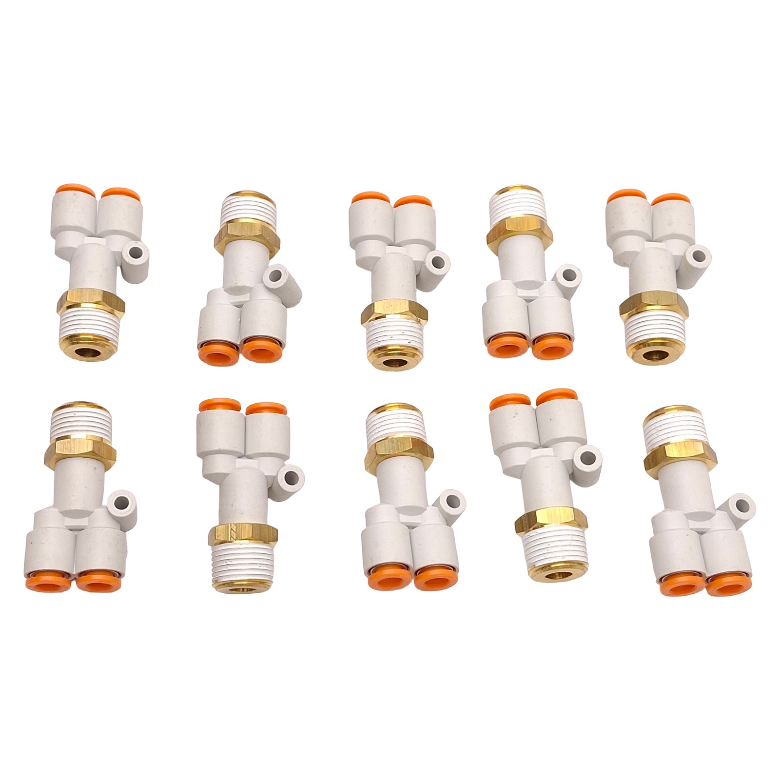 Lot of 10 SMC KQ2U07-36S Branch Y Fitting, -0.1~1.0MPa, ø1/4in One-Touch, 3/8NPT