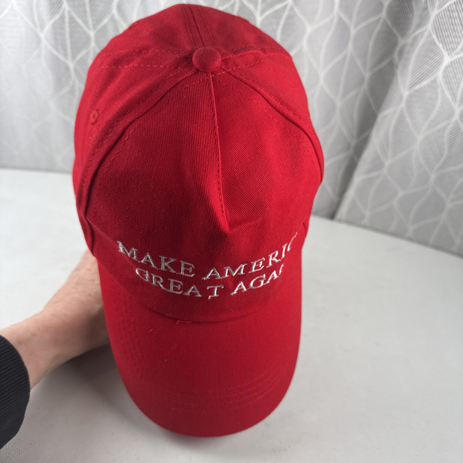 “Make America Great Again” White Letters on Red Hat Cap w American Flag HookLoop