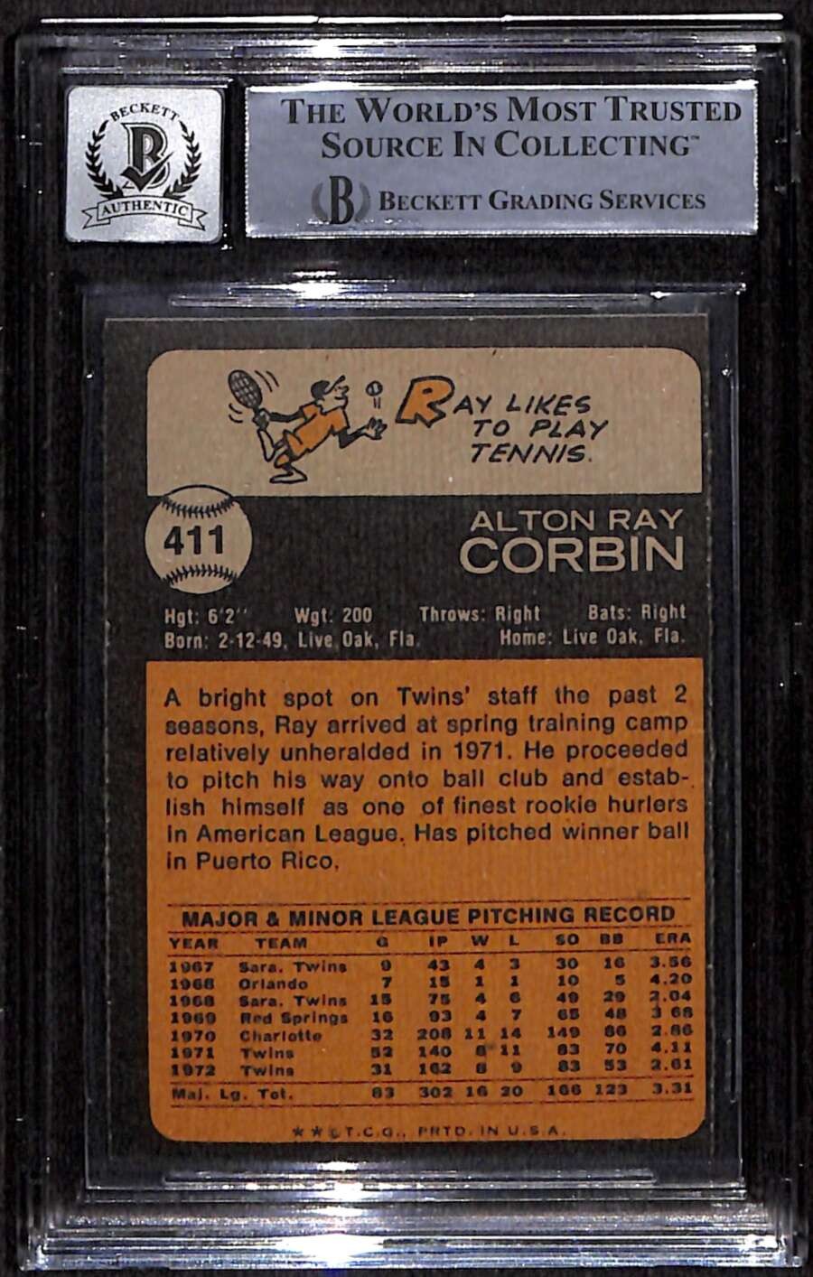 1973 Topps 411 Ray Corbin BGS Auto 10 Autographed BAS Authentic C80683