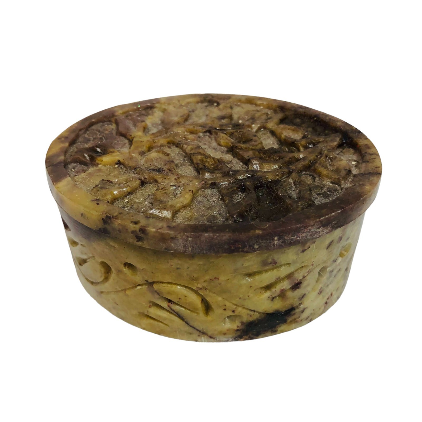 Carved Soapstone Brown Ring Trinket Oval Floral Box Pattern