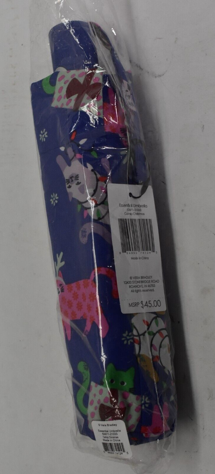 Vera Bradley Automatic Essential Umbrella Catnip Christmas Blue Holiday XMAS