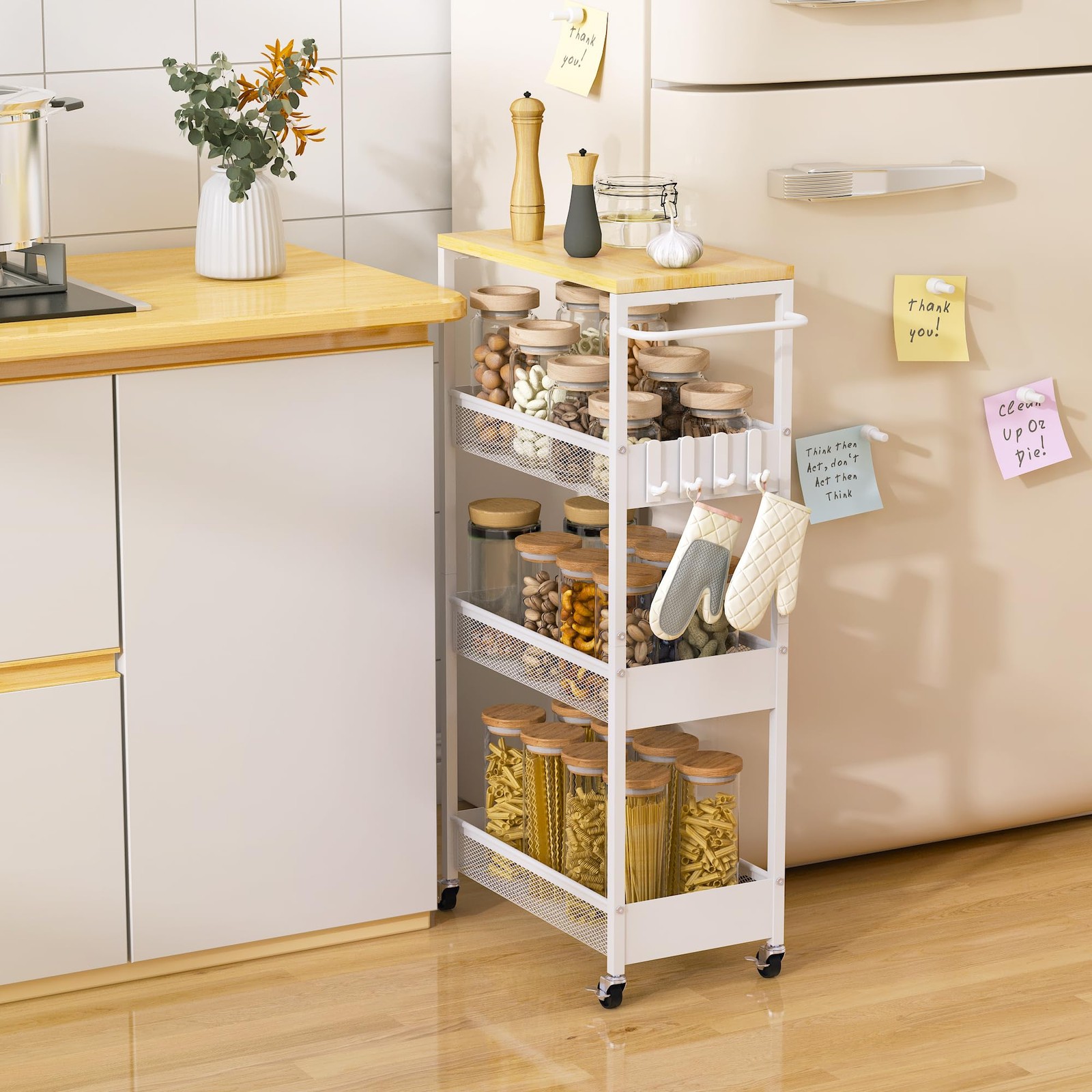 Slim Rolling Utility Cart, 4 Tier Metal Narrow Storage Cart with Handle and W...