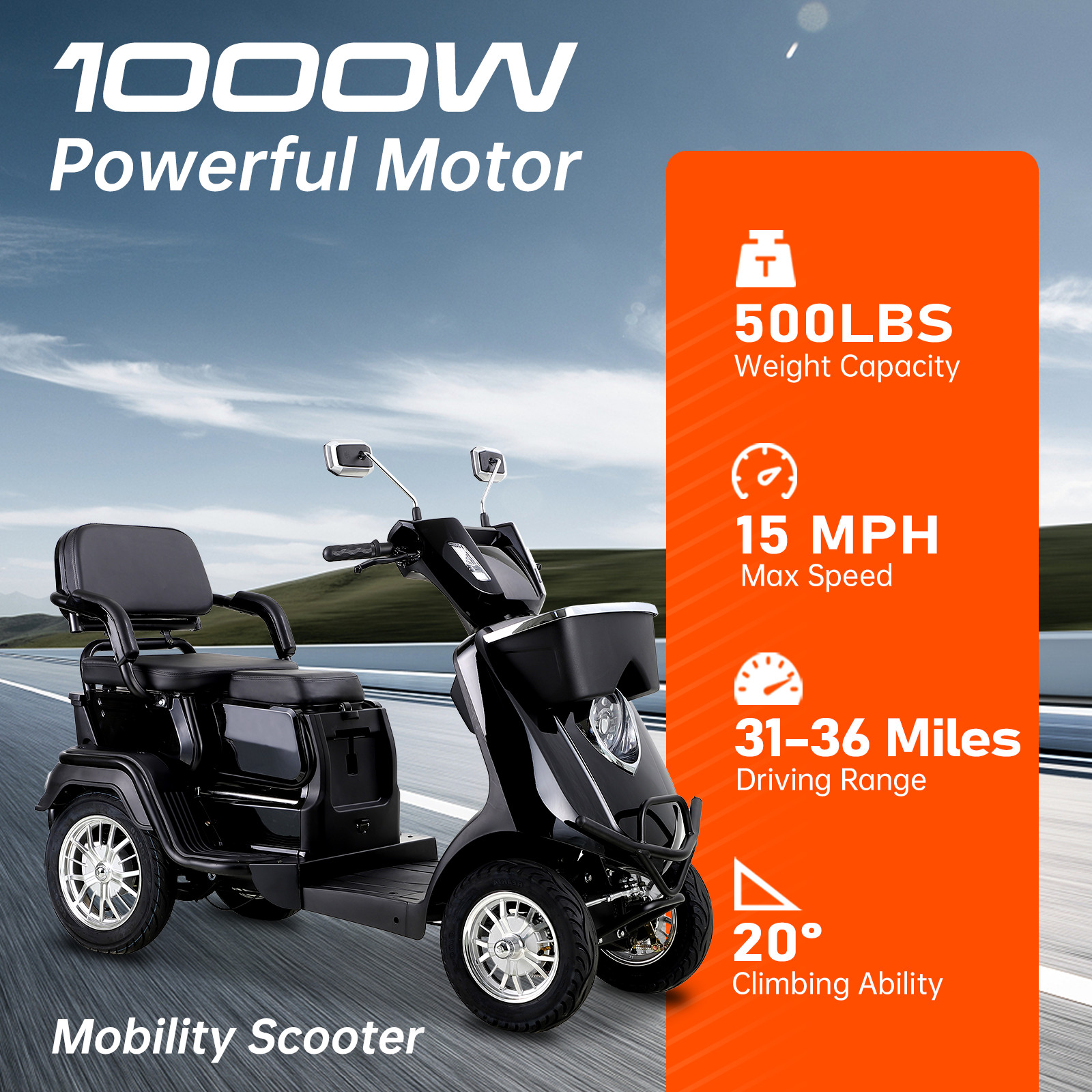 1000W Heavy Duty 4 Wheels 2-Seat Mobility Scooter for Seniors & Adults 500 lbs