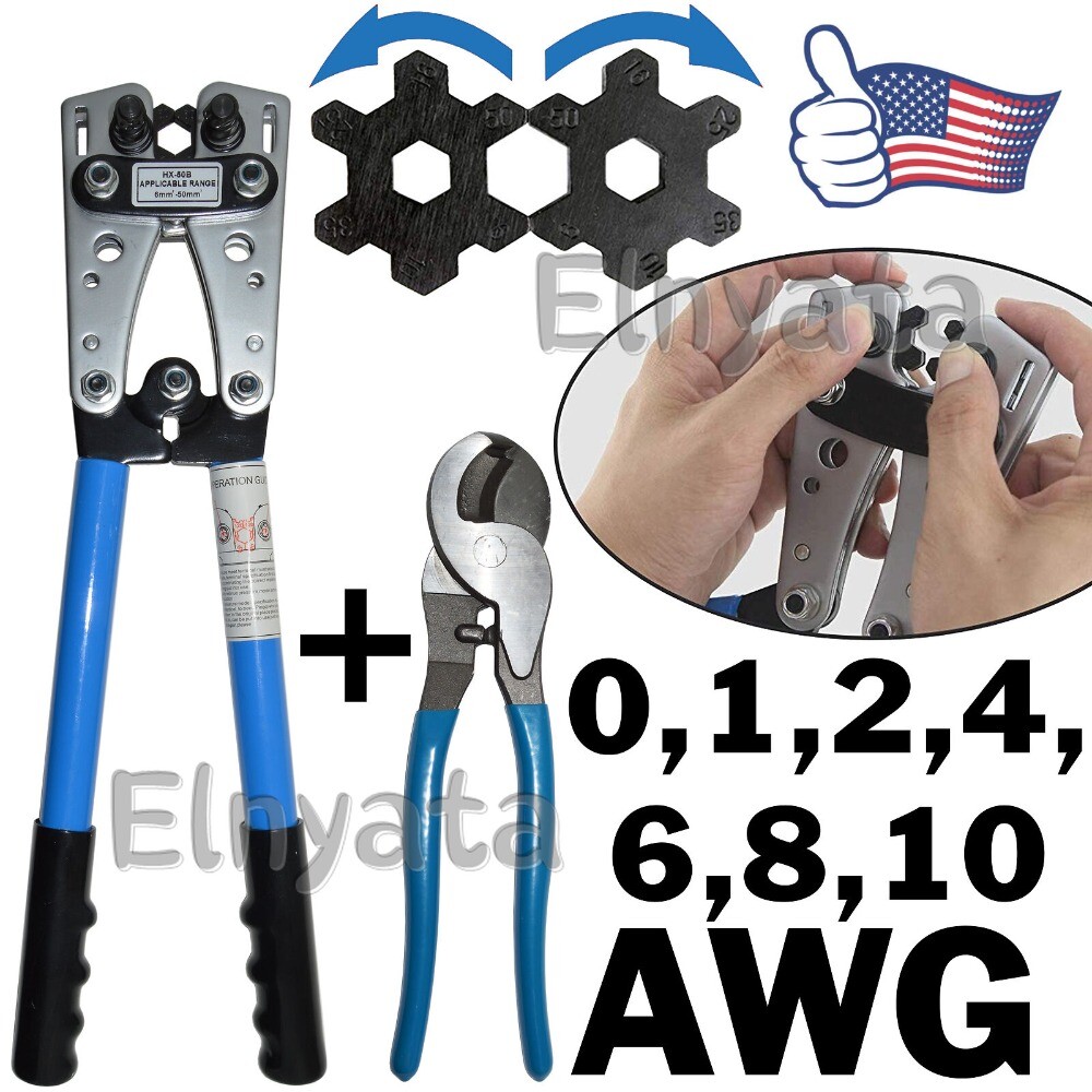 Wire Crimper and Cable Cutter for 0, 1, 2, 4, 6, 8, 10 AWG - Cable Lug Crimping