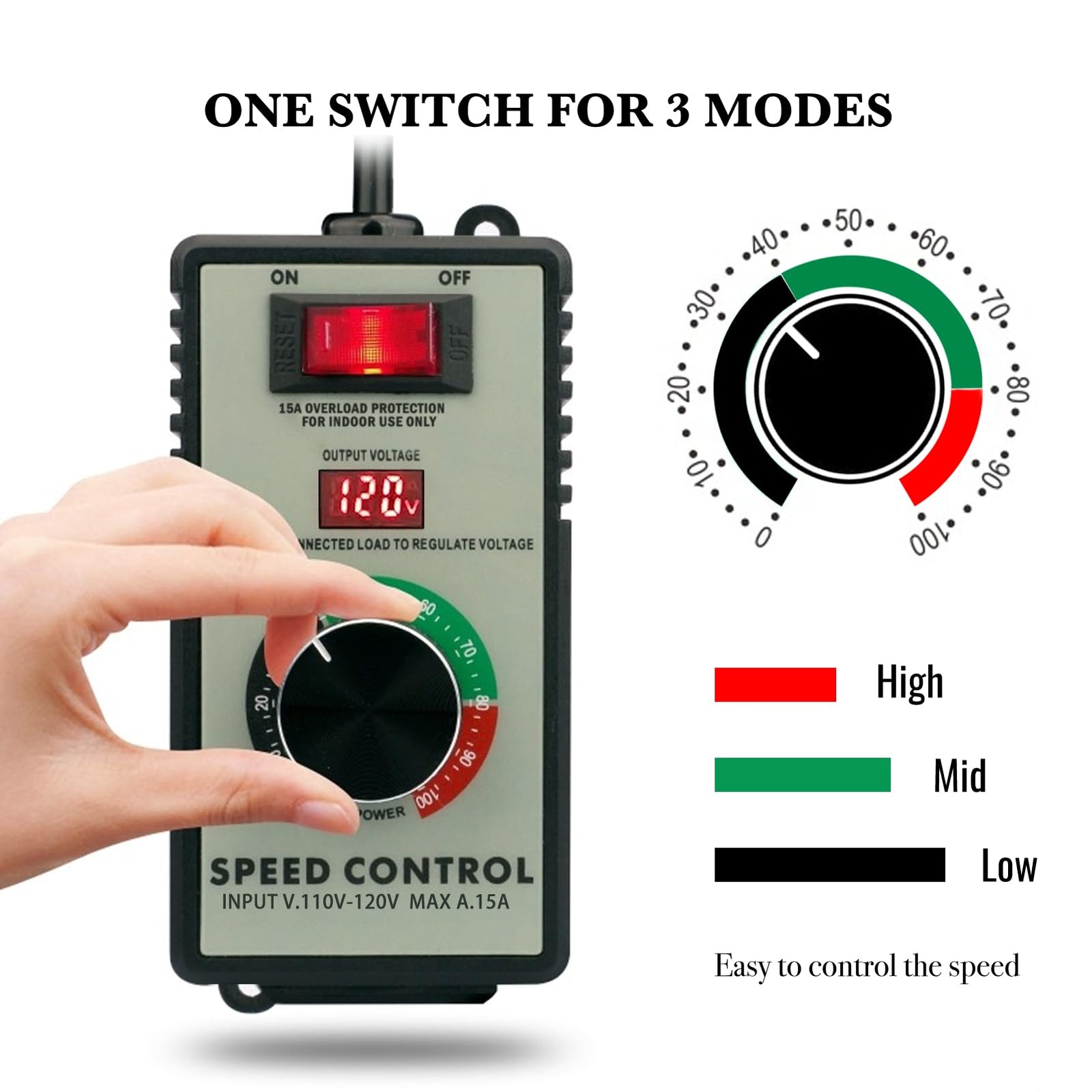 AC Motor Variable Speed Controller 120V 15A 4000W with Overload Switch Fan