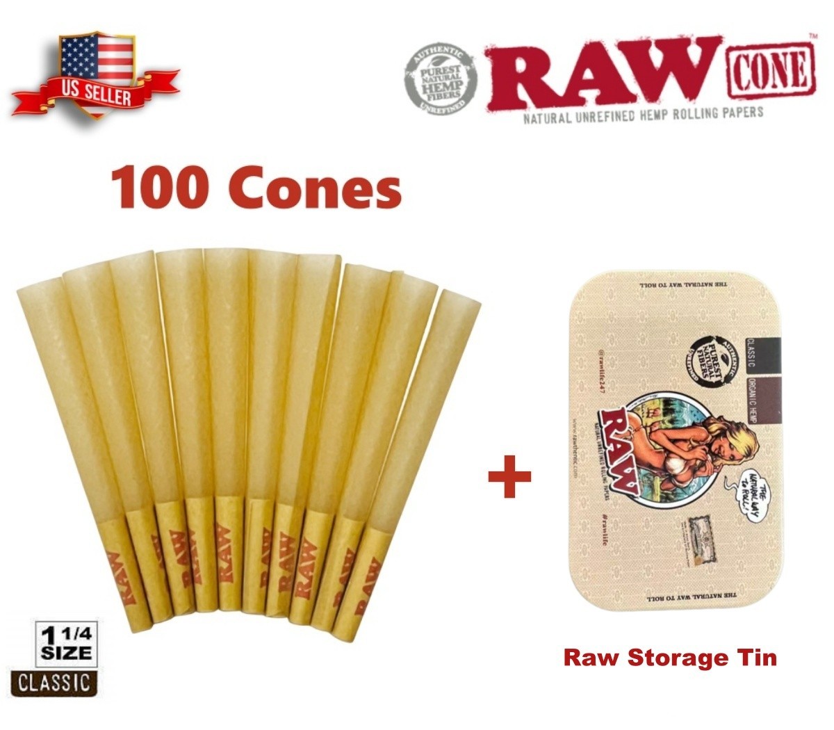 Authentic RAW Classic 1 1/4 Size Pre-Rolled Cones 100 Pack 🌟 RAW Storage Tin