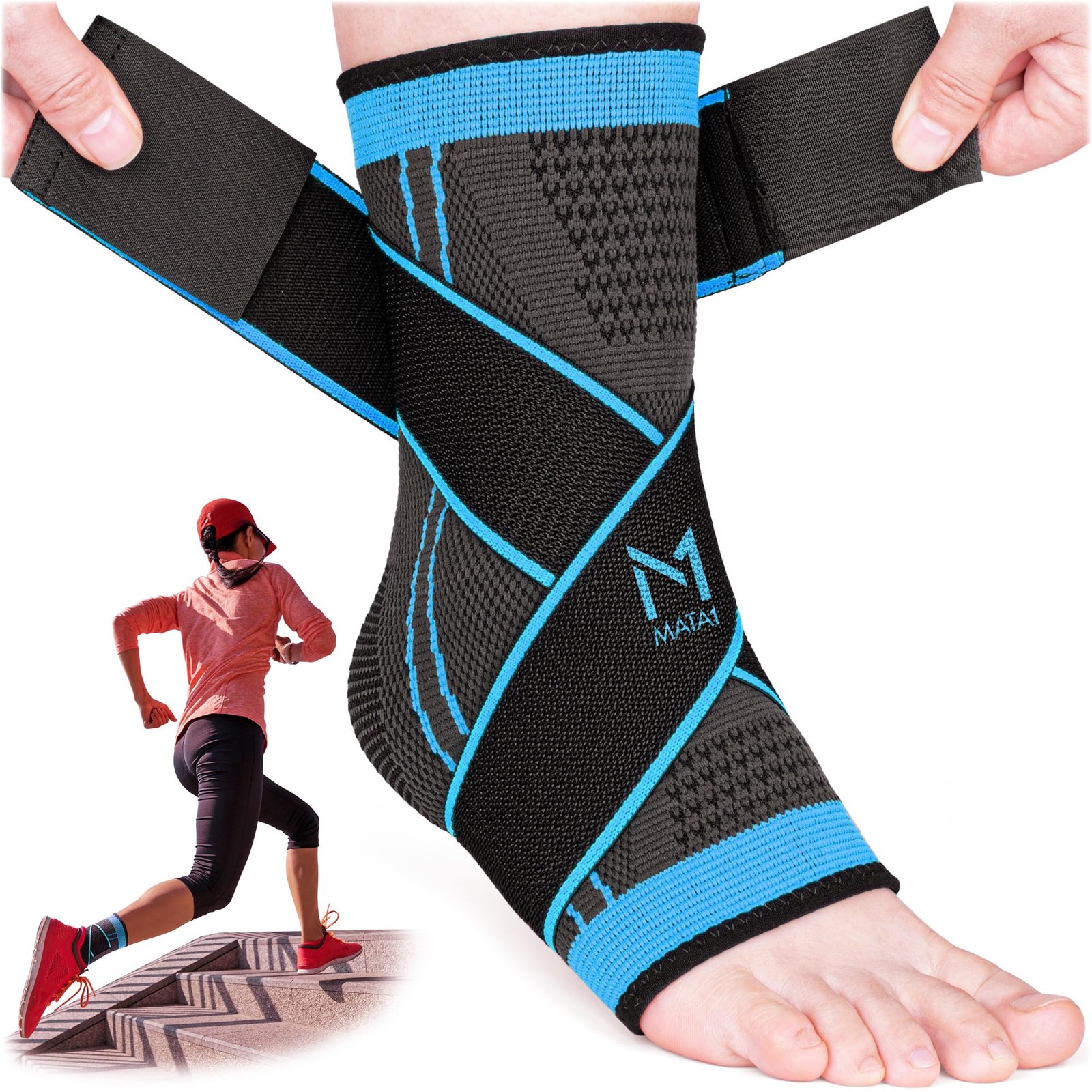 Mata1 - Ankle Brace for Men and Women - Black/Blue - Foot Wrap XL, Blue