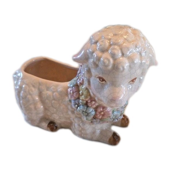 2002 Lamb Ceramic Planter  Cream Glaze  Pastel Flowers