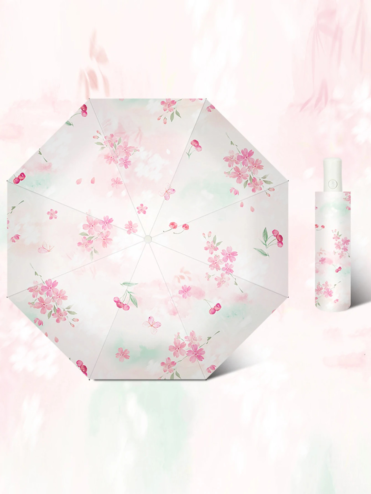Falling Cherry Blossoms Colorful Printed Pattern Umbrella Fully Automatic Umbrel