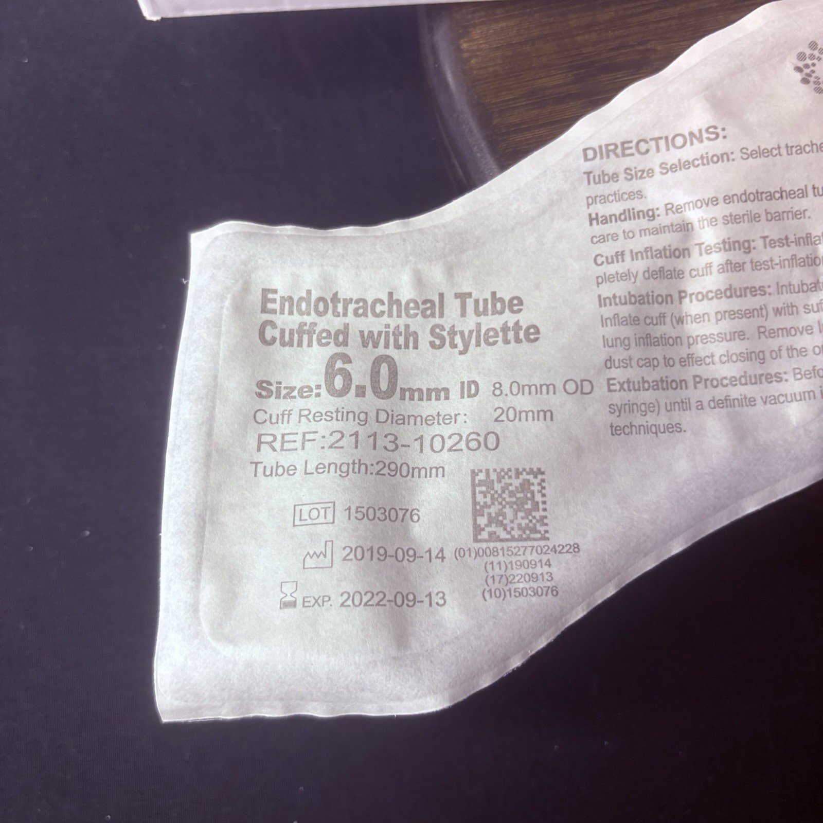 Sterile Endotracheal Tube 6.0 mm w/Cuff (Pack Of 2) Individually Packaged Sealed