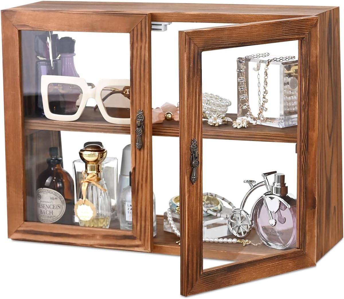 Wood & Glass Display Case W/ Double Doors Adjustable 2-Level Collection Display